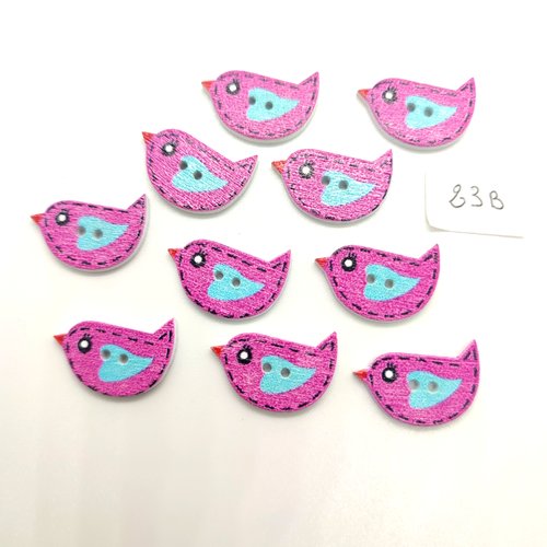 10 boutons fantaisie en bois lilas et bleu - oiseaux -  14x22mm - 23b