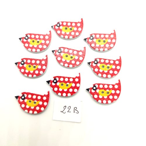 9 boutons fantaisie en bois multicolore - oiseaux -  14x22mm - 22b
