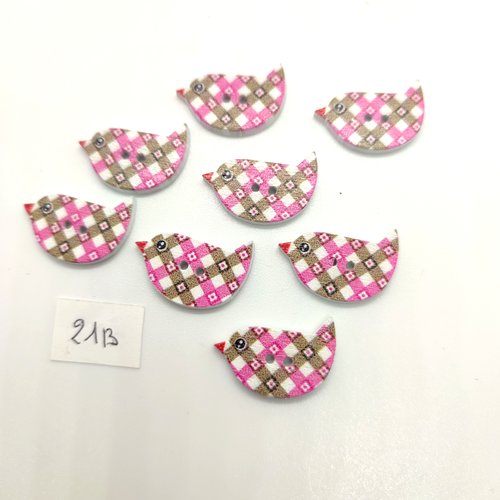 8 boutons fantaisie en bois multicolore - oiseaux -  14x22mm - 21b