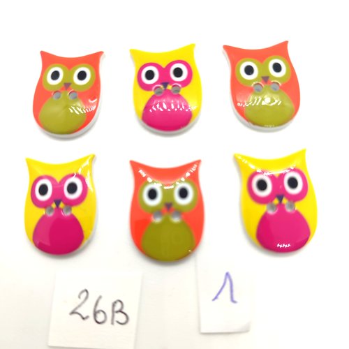 6 boutons fantaisie en résine multicolore - chouette - 14x19mm - 26b