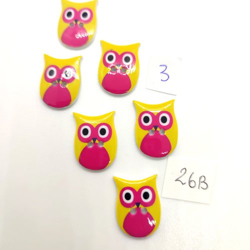 6 boutons fantaisie en résine multicolore - chouette - 14x19mm - 26b