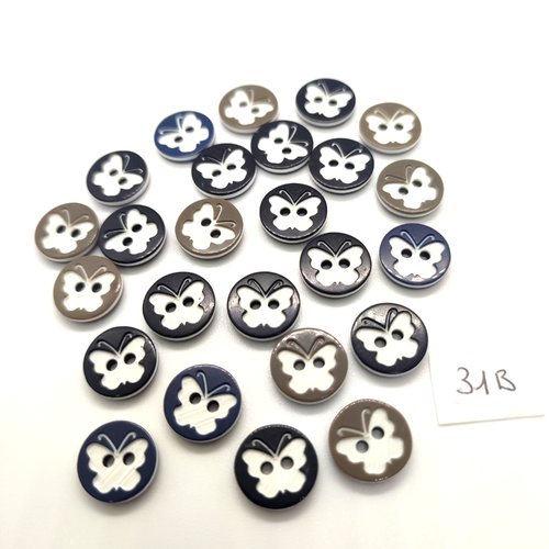 25 boutons fantaisie en résine bleu foncé, noir et kaki  - papillon blanc - 13mm - 26b
