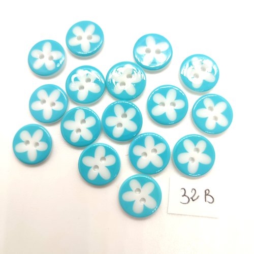 16 boutons fantaisie en résine blanc et bleu clair  - fleur - 13mm - 32b