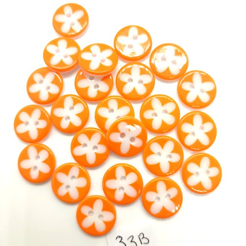 23 boutons fantaisie en résine blanc et orange - fleur - 13mm - 33b