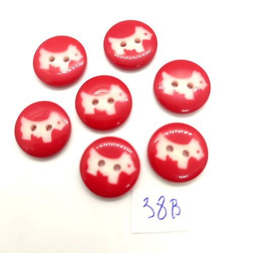 7 boutons fantaisie en résine rouge et chien blanc - 15mm - 38b