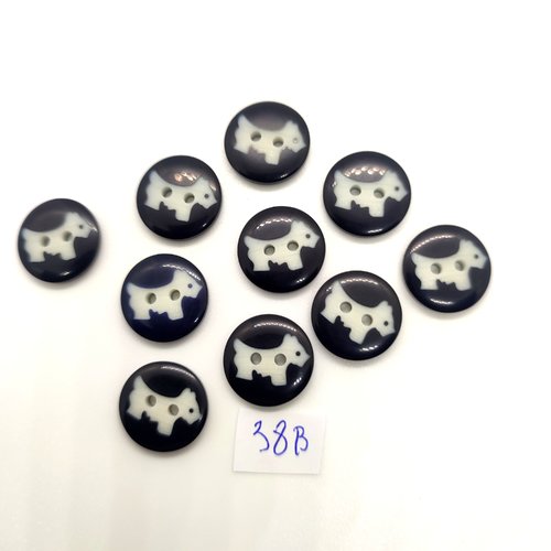 10 boutons fantaisie en résine noir et chien blanc - 15mm - 38b