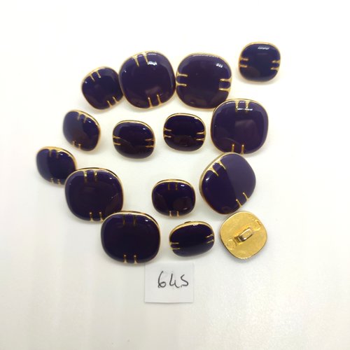15 boutons en métal doré et émail bleu/violet - 19x19mm et 14x14mm - 645