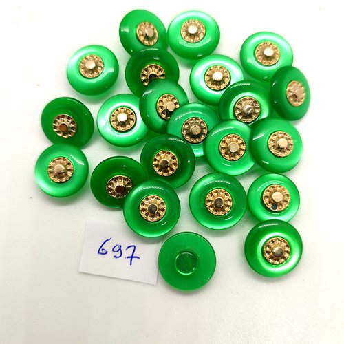 22 boutons en résine doré et vert - 13mm - 697