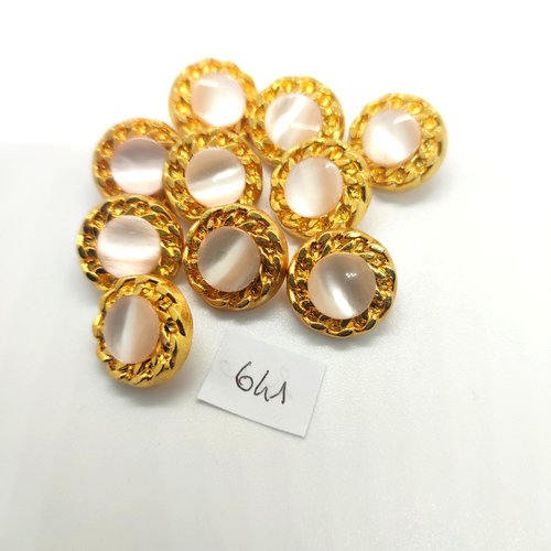 10 boutons en résine doré et blanc - 18mm - 641