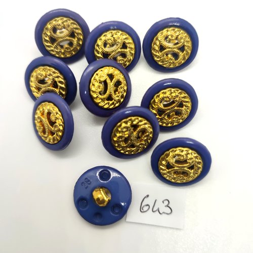 10 boutons en résine doré et bleu - 18mm - 643