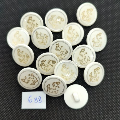 16 boutons en résine blanc et doré - une ancre - 18mm - 688