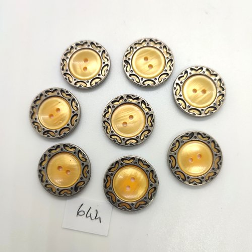 8 boutons en résine jaune et métal argenté - 20mm - 644