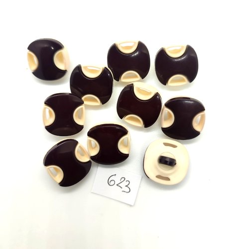 10 boutons en résine marron et écru - 16x16mm - 623