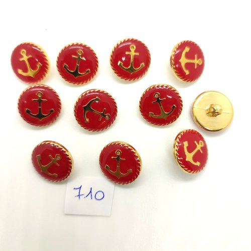 11 boutons en résine doré et rouge - une ancre - 15mm - 710
