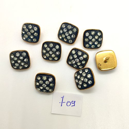 9 boutons en métal doré et strass sur fond bleu - 13x13mm - 709