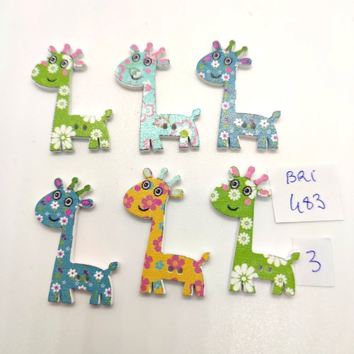 6 boutons fantaisie en bois multicolore (girafe) - 25x35mm bri483