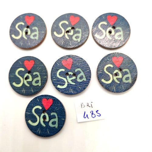 7 boutons fantaisie en bois fond bleu (sea) - 25mm - bri485