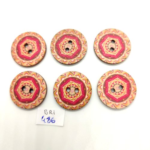 6 boutons fantaisie en bois multicolore - 25mm - bri486