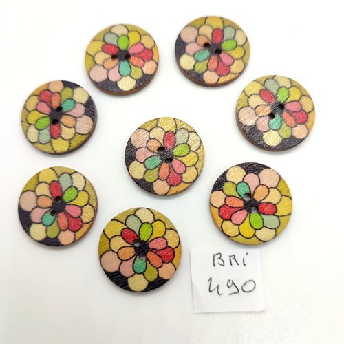 8 boutons fantaisie en bois multicolore - 20mm - bri490