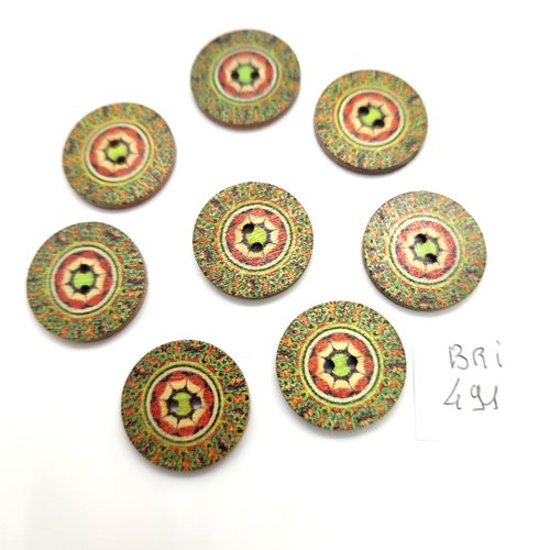 8 boutons fantaisie en bois multicolore - 20mm - bri491