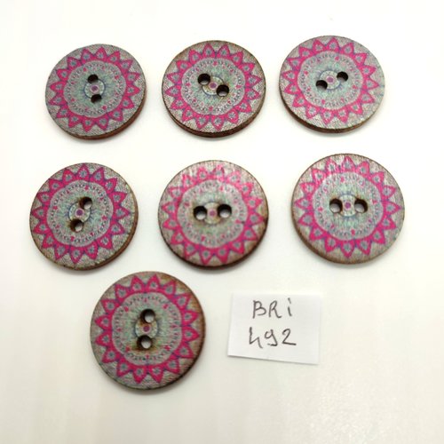 7 boutons fantaisie en bois multicolore - 25mm - bri492