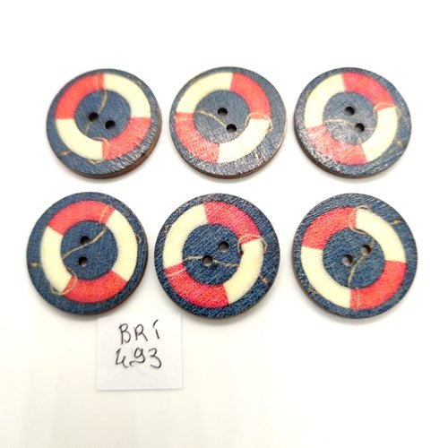 6 boutons fantaisie en bois multicolore - 25mm - bri493