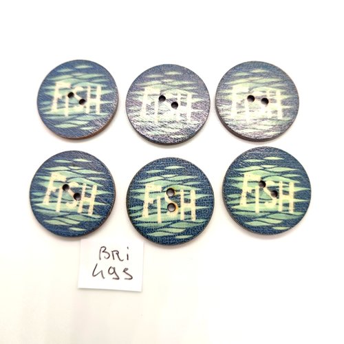 6 boutons fantaisie en bois fond vert / bleu - fish - 25mm - bri495