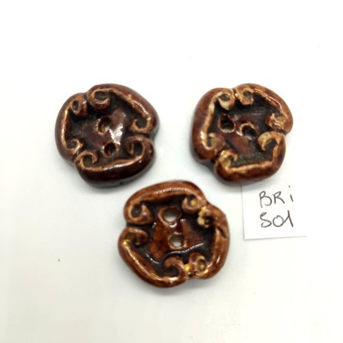 3 boutons en céramique marron - 19mm - bri501