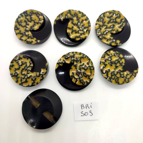 7 boutons en résine noir et jaune - vintage - 30mm - bri503