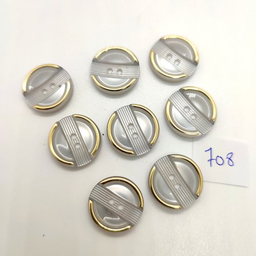 8 boutons en résine gris et doré - 18mm - 708