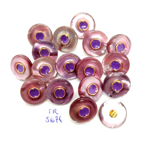 17 boutons en résine doré et violet clair - 18mm - tr5674