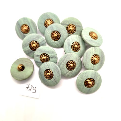 13 boutons en résine doré et vert d'eau - 20mm - 729