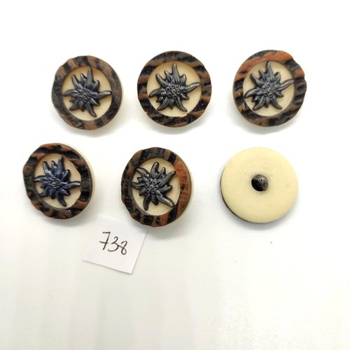 6 boutons en résine écru et métal argenté - 23mm - 738