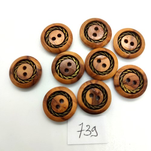 9 boutons en bois marron et doré - 15mm - 739
