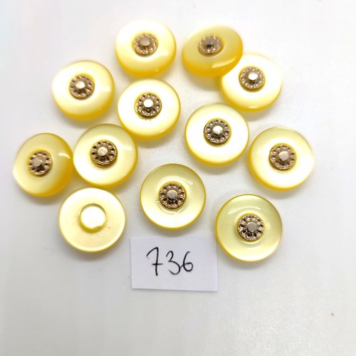 12 boutons en résine jaune et doré - 15mm - 736
