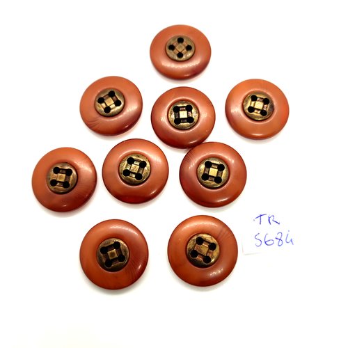 9 boutons en résine marron et métal bronze - 20mm - tr5684