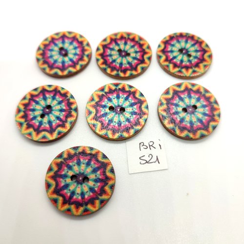 7 boutons fantaisie en bois multicolore - 25mm - bri521