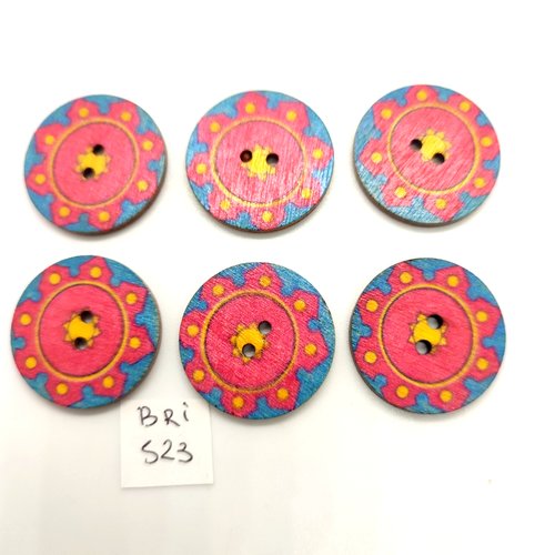 6 boutons fantaisie en bois multicolore - 25mm - bri523