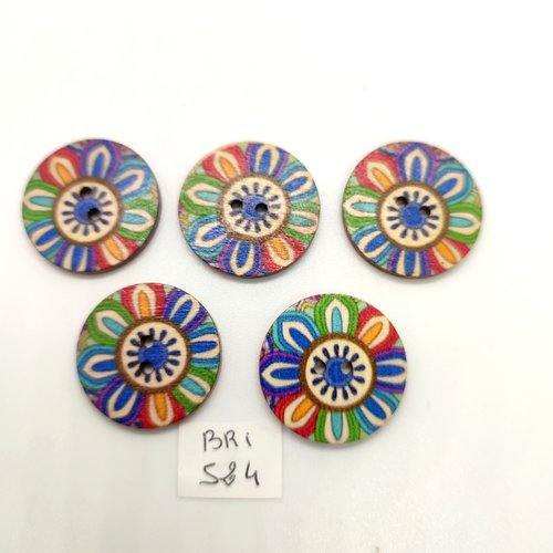 5 boutons fantaisie en bois multicolore - 25mm - bri524