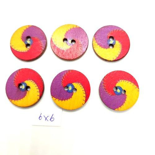6 boutons fantaisie en bois multicolore - 25mm - bri526