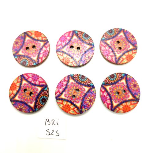6 boutons fantaisie en bois multicolore - 25mm - bri525