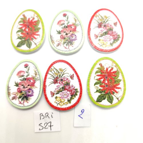 6 boutons fantaisie en bois multicolore des fleurs - 23x31mm - bri527
