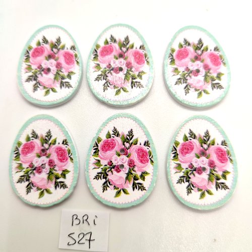 6 boutons fantaisie en bois multicolore des fleurs - 23x31mm - bri527