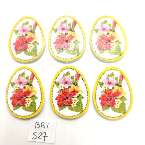 6 boutons fantaisie en bois multicolore des fleurs - 23x31mm - bri527