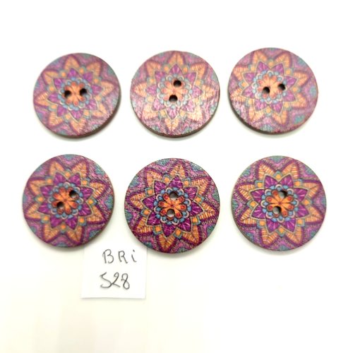 6 boutons fantaisie en bois multicolore - 25mm - bri528