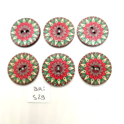 6 boutons fantaisie en bois multicolore - 25mm - bri529