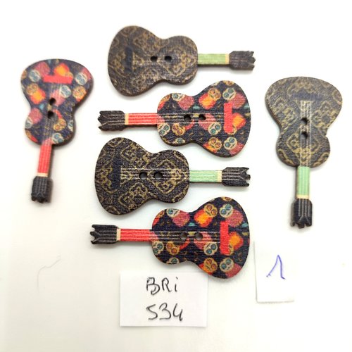 6 boutons fantaisie en bois multicolore des guitares - 18x36mm - bri534