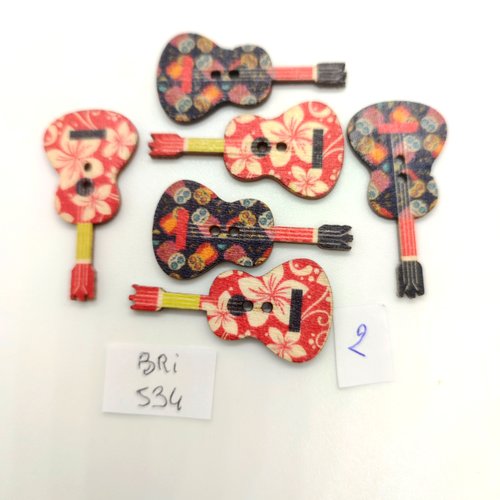 6 boutons fantaisie en bois multicolore des guitares - 18x36mm - bri534