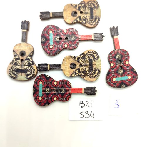 6 boutons fantaisie en bois multicolore des guitares - 18x36mm - bri534