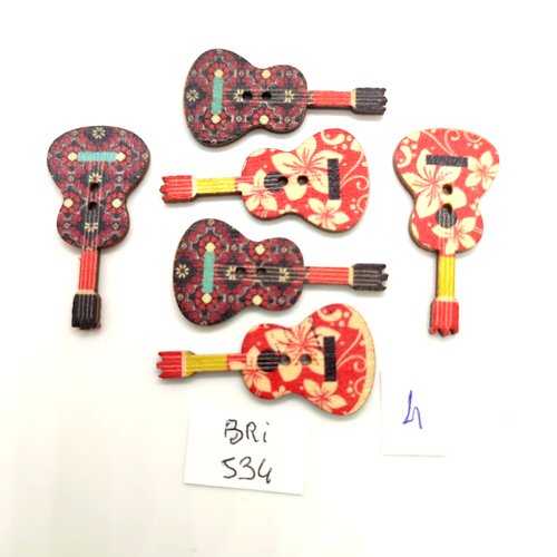 6 boutons fantaisie en bois multicolore des guitares - 18x36mm - bri534